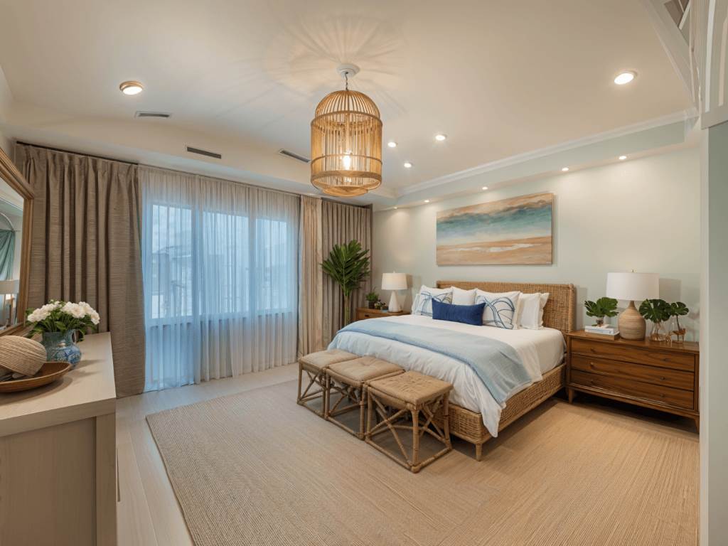 Coastal decor complementing a lime-washed master bedroom with Art Deco accents.