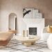 Lime wash wall in a Mediterranean-Miami styled living room with earthy tones.