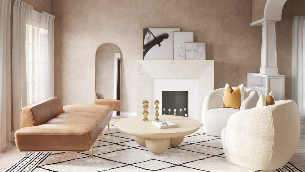 Lime wash wall in a Mediterranean-Miami styled living room with earthy tones.