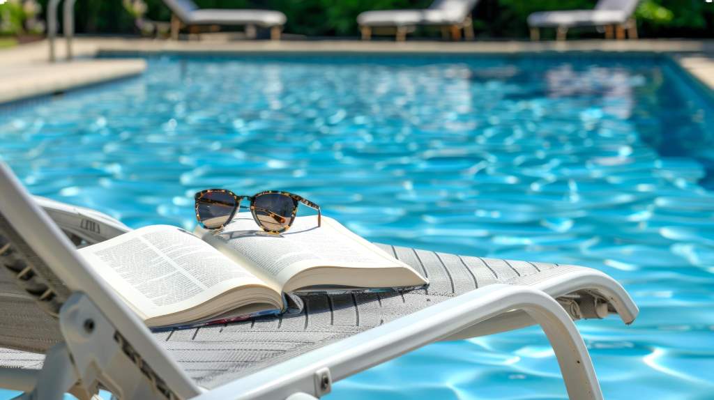 Stylish sunglasses and straw hat on a poolside lounge chair in Miami.
