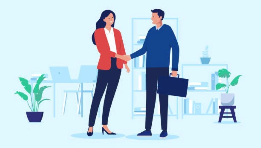 An illustration of two diverse small business owners shaking hands in front of their local storefronts