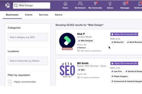 A screenshot of the Alignable user dashboard showing business profiles and networking connection suggestions
