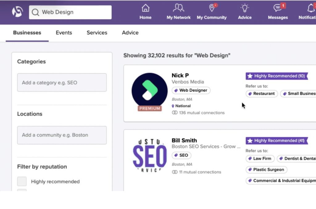 A screenshot of the Alignable user dashboard showing business profiles and networking connection suggestions