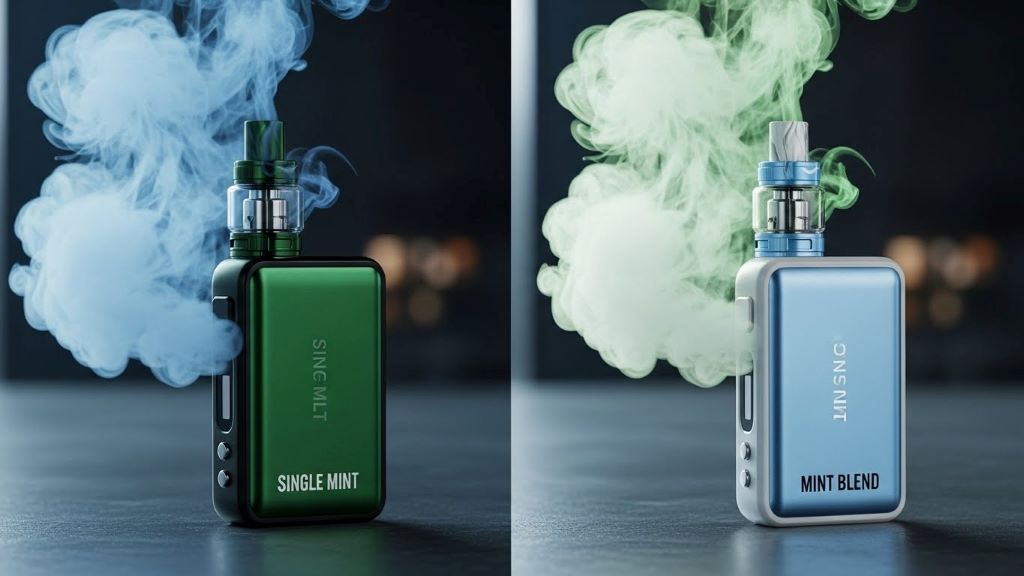 Side by side comparison of single mint flavor vape versus mixed mint blend vape devices with vapor clouds