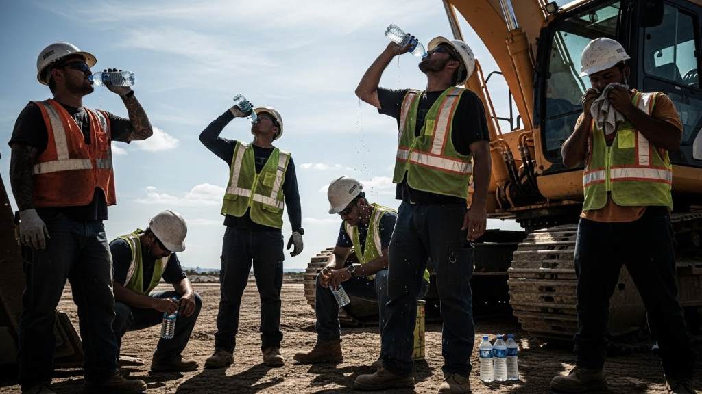Outdoor workers taking a hydration break under the sun