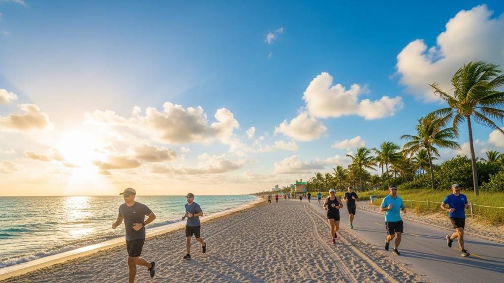 Sunny Miami beach with people jogging in the morning
