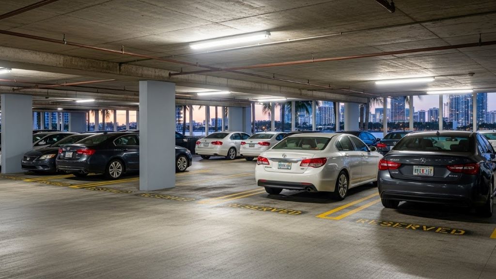 Assigned resident parking spaces in covered Miami high-rise residential tower parking facility