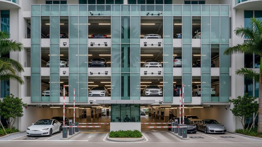 Multi-level parking garage structure at luxury Miami condominium building with modern security features