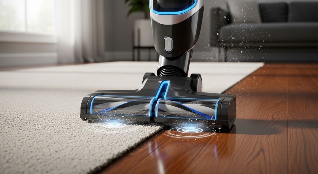 Side-by-side comparison of vacuum cleaning plush carpet and polished hardwood flooring surfaces