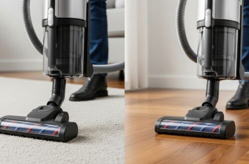 Modern vacuum cleaner transitioning from carpet to hardwood floor showing versatile cleaning capability