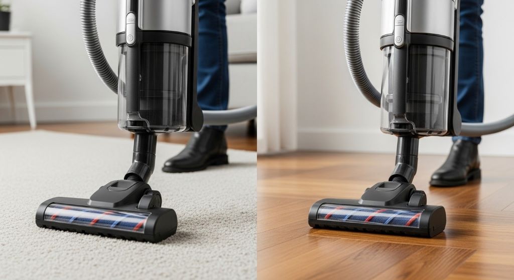 Modern vacuum cleaner transitioning from carpet to hardwood floor showing versatile cleaning capability
