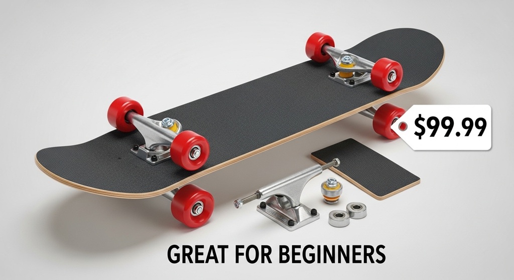 Close-up of cheap complete skateboard deck and trucks