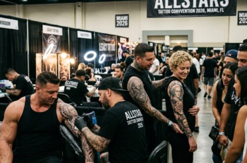 Tattoo artists showcasing intricate black and grey sleeve work at the Allstars Tattoo Convention 2026 in Miami, Florida