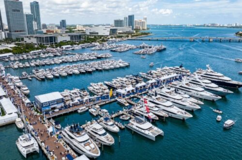 Aerial view of luxury yachts and superyachts docked at the Miami International Boat Show 2027 waterfront venues