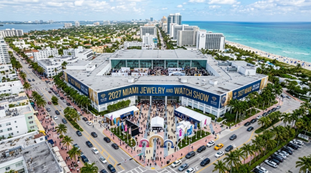 Aerial view of the Miami Beach Convention Center decorated for the 2027 Miami Jewelry and Watch Show event