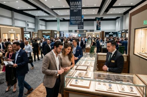 Visitors browsing luxury watch displays at the Miami Jewelry and Watch Show 2027 inside Miami Beach Convention Center