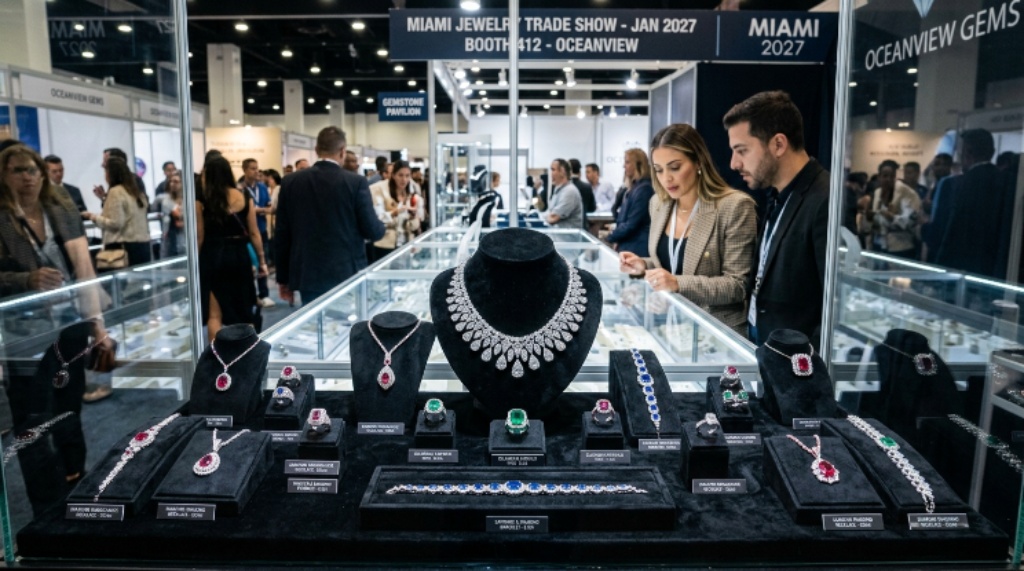A collection of diamond and gemstone jewelry on display at a Miami jewelry trade show in January 2027