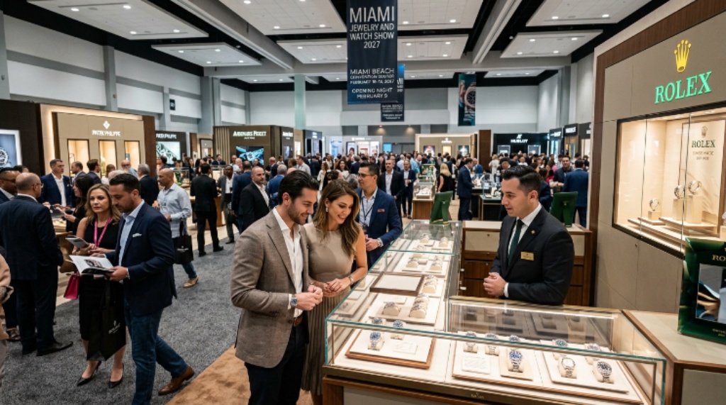 Visitors browsing luxury watch displays at the Miami Jewelry and Watch Show 2027 inside Miami Beach Convention Center
