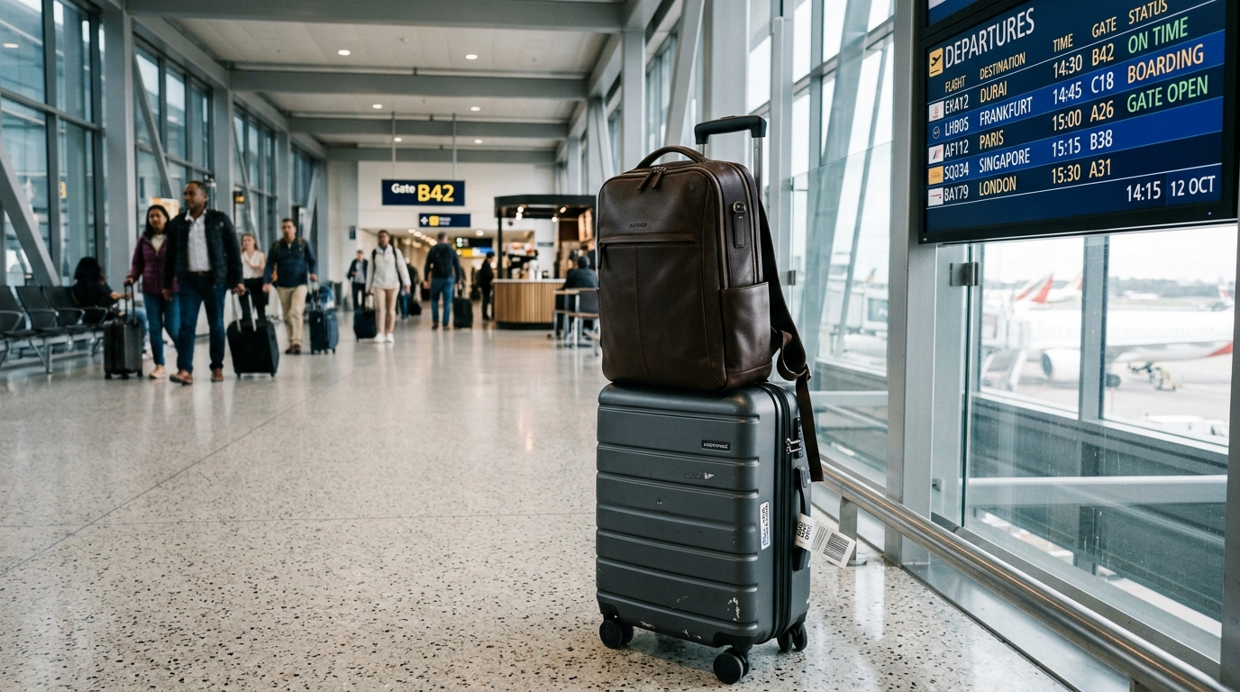 Business traveler organizing electronics inside a laptop bag.