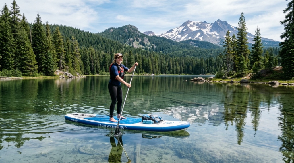 Beginner paddleboarding on a calm Oregon lake surrounded by pine trees.