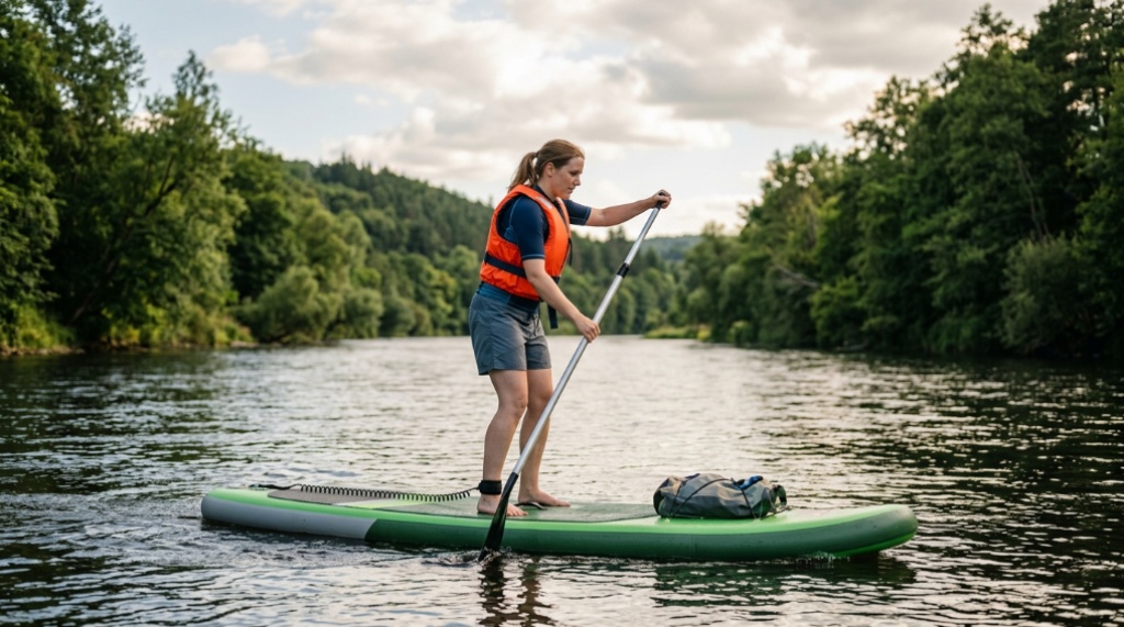 Paddler navigating a gentle flowing river in Oregon wearing a life jacket